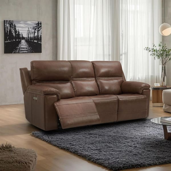 Vito 94.5 in. Pillow Top Arm Leather Rectangle Power Reclining Sofa wirh Zero Gravity Headrest & Footrest in. LightBrown