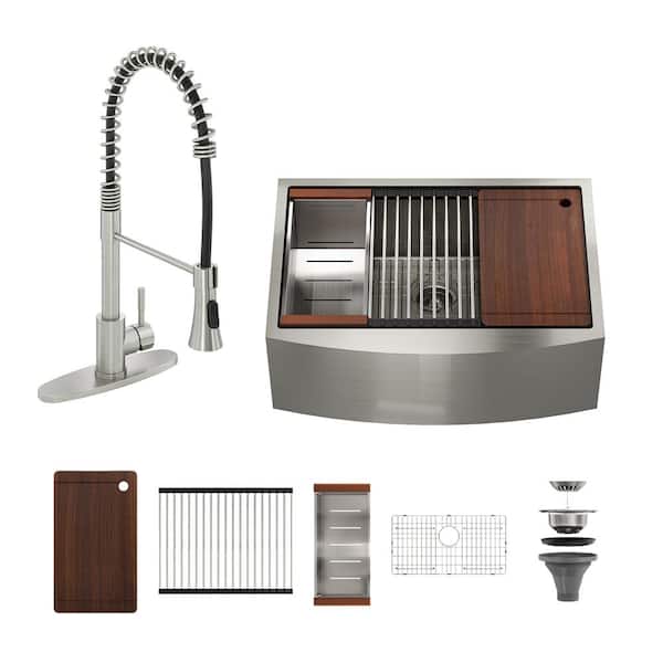 33 in. Farmhouse/Apron-Front Single Bowl Brushed Stainless Steel Workstation Kitchen Sink with Faucet and Accessories
