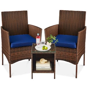 3-Piece Outdoor Wicker Conversation Patio Bistro Set, w/ 2-Chairs, Table, Cushions - Brown/Navy