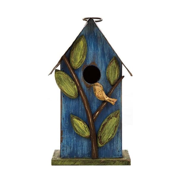 Justincity Leaves Rustic Blue Wooded Birdhouse Hanging Decorative Outdoor Pet Cottage Distressed Wooden Birdhouse, Blue Leaves