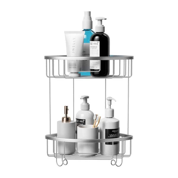 Double-Layer Aluminum Alloy Wall-Mounted Shower Corner Rack Corner Storage Rack Triangular Shower Caddy in Matte Silver