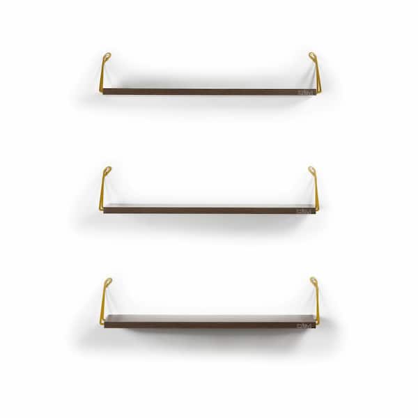 Rustic 24 in. x 7 in. Brown Wood Floating Yellow Metal Bracket Decorative Wall Shelf Living Room Bedroom Dining Modern