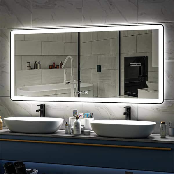 TOOLKISS 77 in. W x 36 in. H Rectangular Framed LED Anti-Fog Wall Bathroom Vanity Mirror in Black with Backlit and Front Light