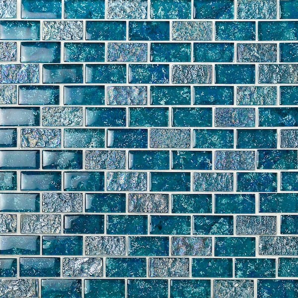 Ivy Hill Tile Marina Iridescent Aqua Brick 11 3/4 in. x 11 3/4 in. 8 mm Glass Mesh-Mounted Mosaic Tile