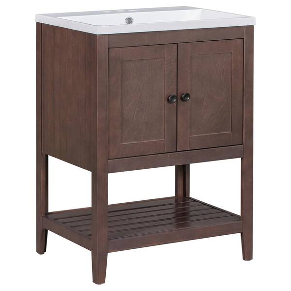 Unbranded 24 in W x 18 in D x 33 in H in Solid Wood Freestanding Bath Vanity in Brown with White Ceramic Sink and Top, Open Shelf