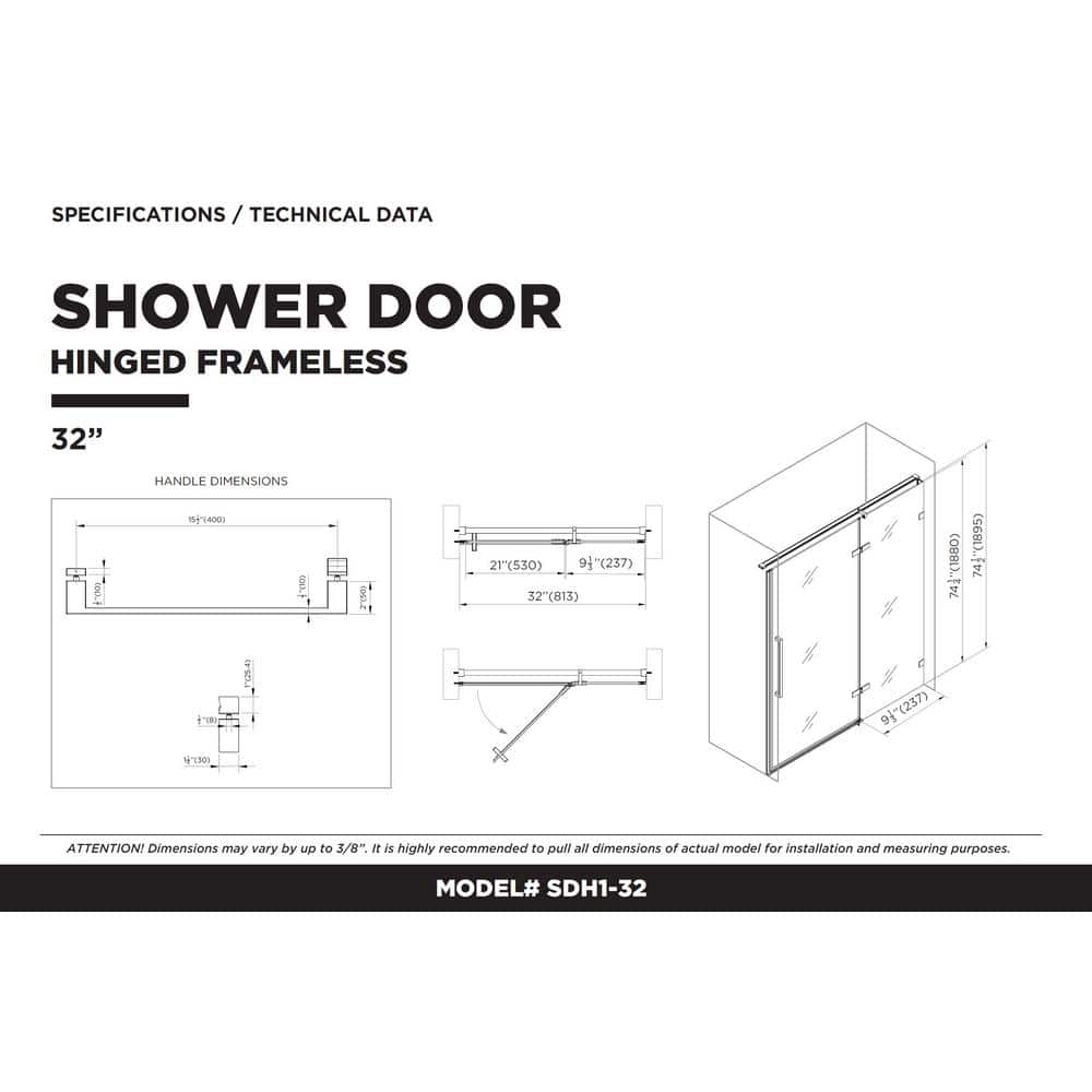 32'' Black Hinged Frameless Shower Door with Clear Tempered Glass