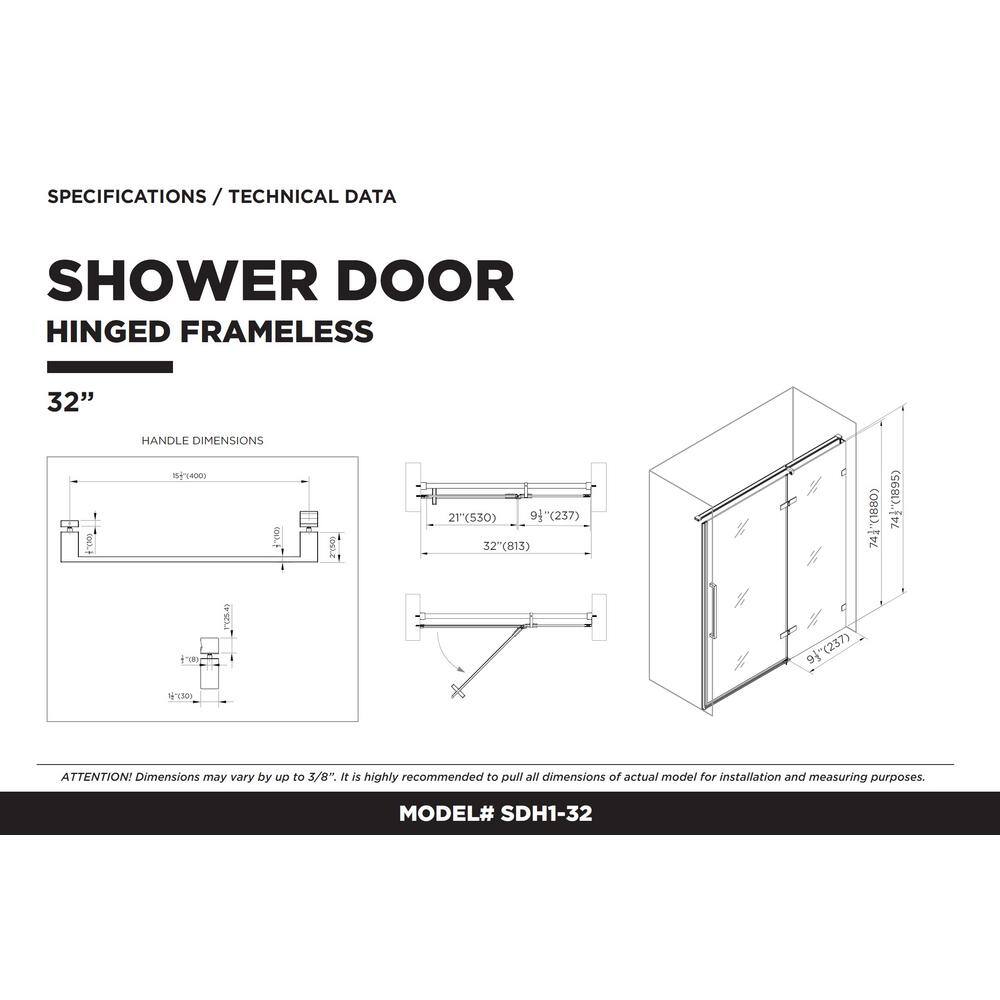 Satin Brass Hinged Frameless Shower Door with Clear Tempered Glass