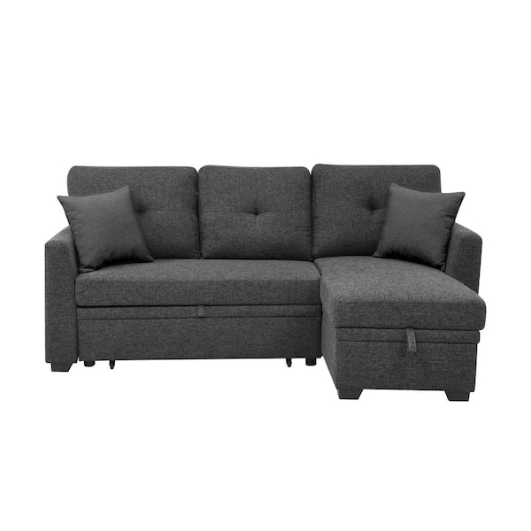 76.5 in. Modern Black Linen Blend Upholstered Sectional Twin Size Sofa Bed with Pull-Out Bed and Chaise Storage