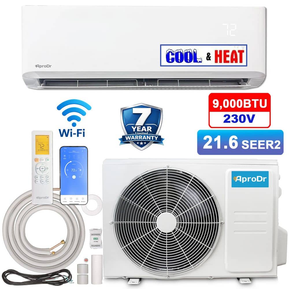 AproDr 9,000 BTU 21.6 SEER2,230-Volt, 400-SqFt Inverter Wi-Fi Ductless ...