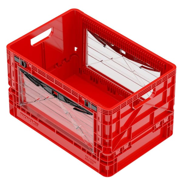 Full-Size Collapsible Crate 24-QT 200-LB Stacking Capacity Durable Stackable Storage Bin with Lid and Dividers Red
