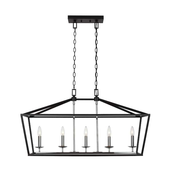 Home Decorators Collection Weyburn 36 in. 5-Light Black and Polished Chrome Farmhouse Linear Chandelier Light Fixture with Caged Metal Shade