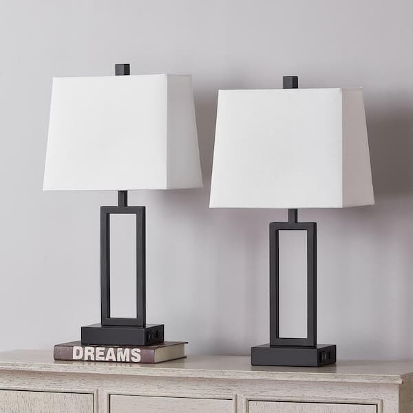 23.5 in. Control White Metal Table Lamp Set with USB Ports and AC Outlets (Set of 2)