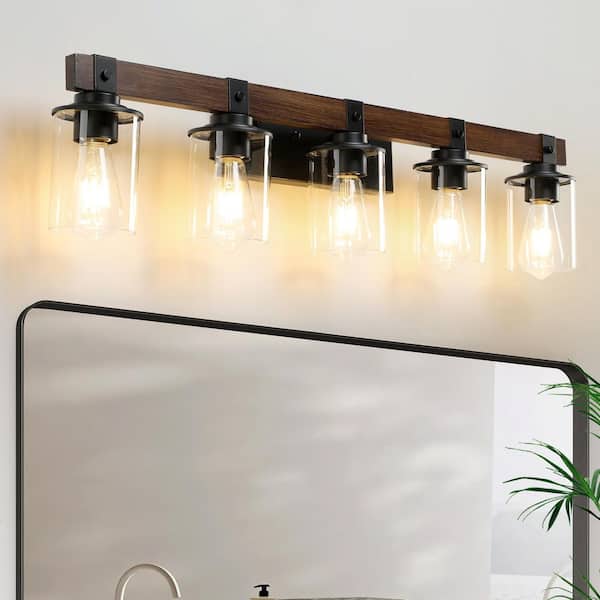 34.6 in. 5-Light Black and Walnut Industrial Bathroom Vanity Light with Clear Glass Shade