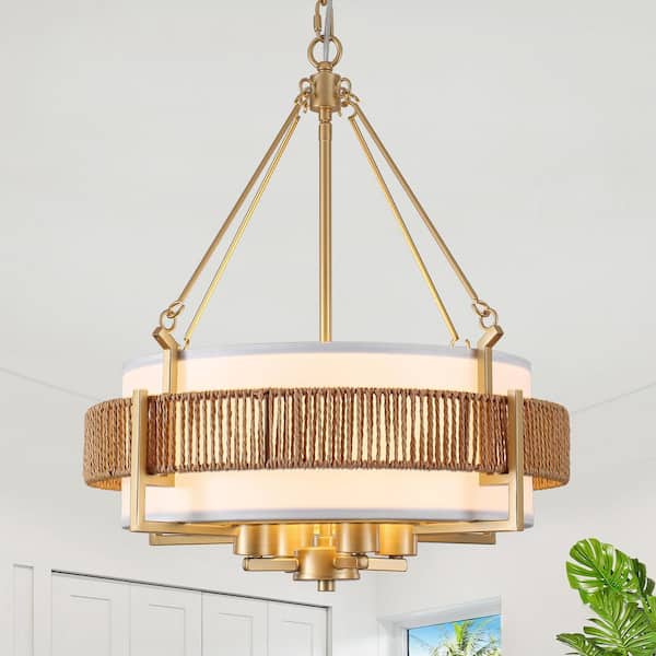 4-Light Gold Bohemian Drum Chandelier With Handmade Woven Rattan and Fabric Shade