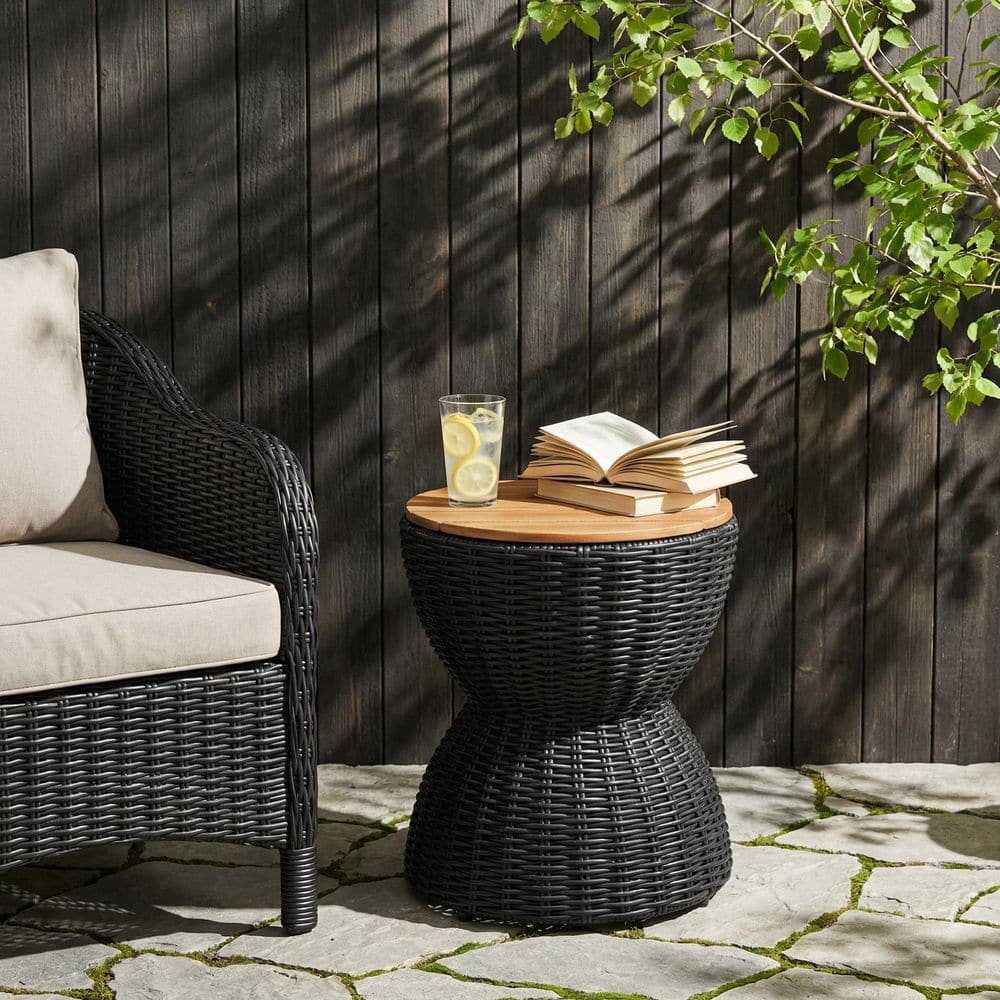 Kacia Round Black Wicker Outdoor Side Table with Solid Wood Top price history on PriceWatchPro