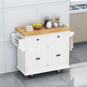 Indoor White Wood Kitchen Carts with 2-Storage Cabinets and 2-Drawers