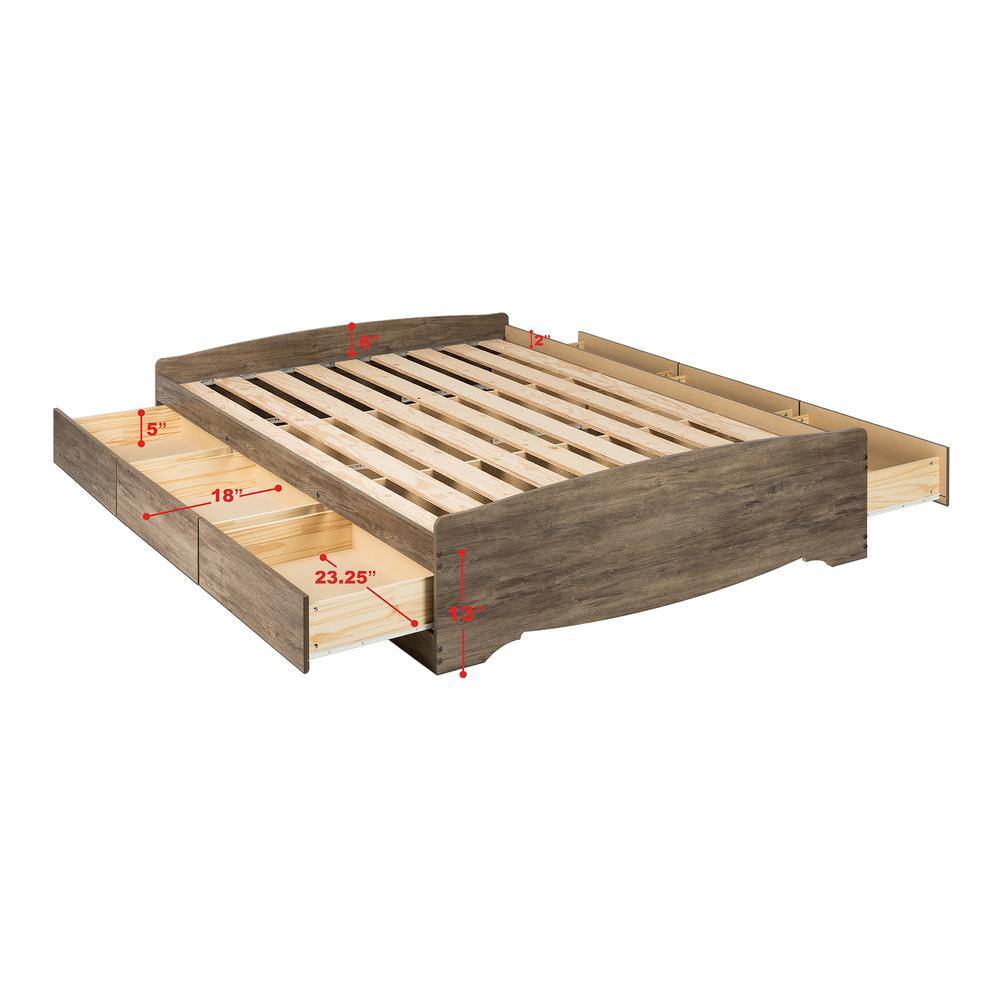 Queen Drifted Gray Wood Platform Storage Bed with 6 Drawers
