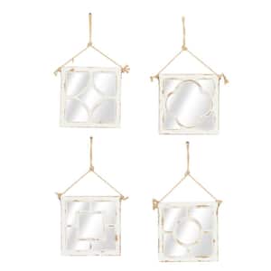 12 in. x 12 in. Carved Designs Square Framed White Wall Mirror with Rope Hanger (Set of 4)