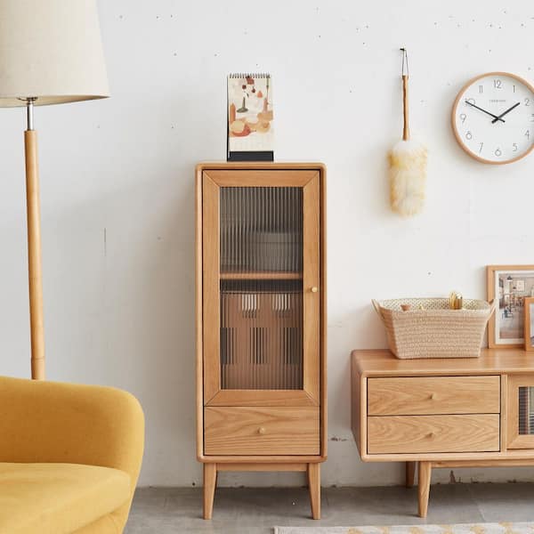 Oak 16 in. Display Cabinet with 2 Shelves, 1 Drawers and Brass Handle