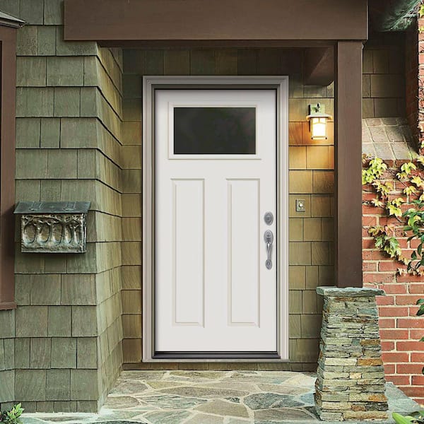 30 in. x 80 in. 1 Lite Craftsman White Painted Steel Prehung Left-Hand Inswing Front Door w/Brickmould