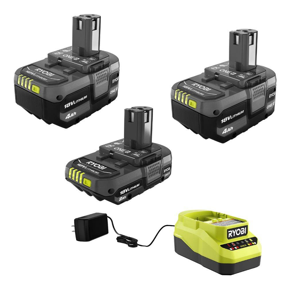 RYOBI ONE+ 18V Lithium-Ion 4.0 Ah Battery, 2.0 Ah Battery, and Charger ...