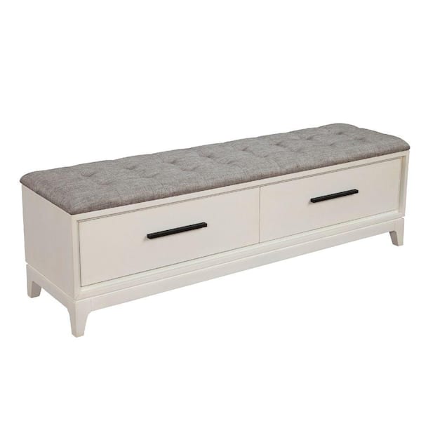 Benjara Off White Bench with Fabric Padded Seat and 2-Drawers 18 in. x ...