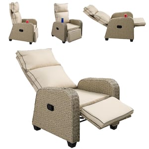 Outdoor Recliner Chair, Patio Wicker Outdoor Recliner with Beige Cushion - 170° Adjustable Backrest and Footrest