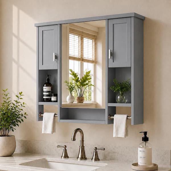 Stellar 35 in. W x 28.7 in. H Rectangular MDF Modern Wall Mounted Bathroom Medicine Cabinet with Mirror in Gray