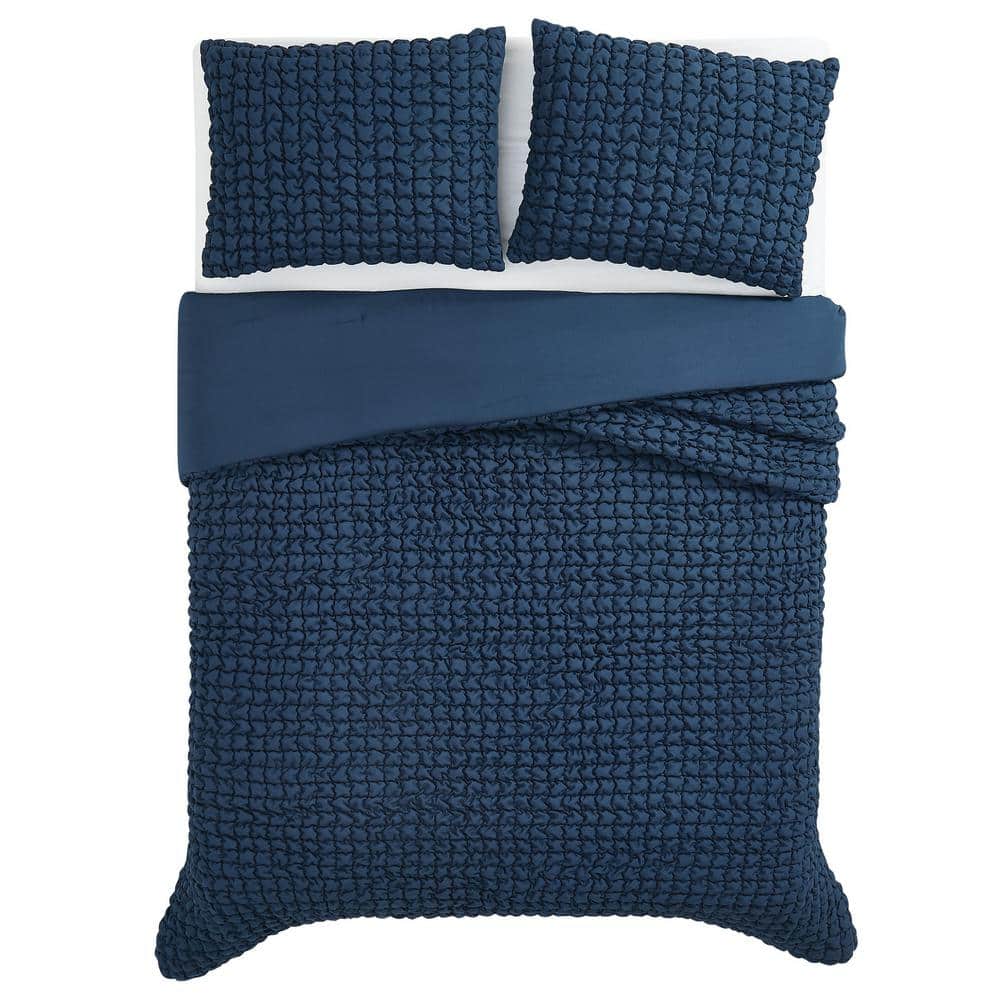 Full Blue Microfiber Textured Puff Bedspread Set