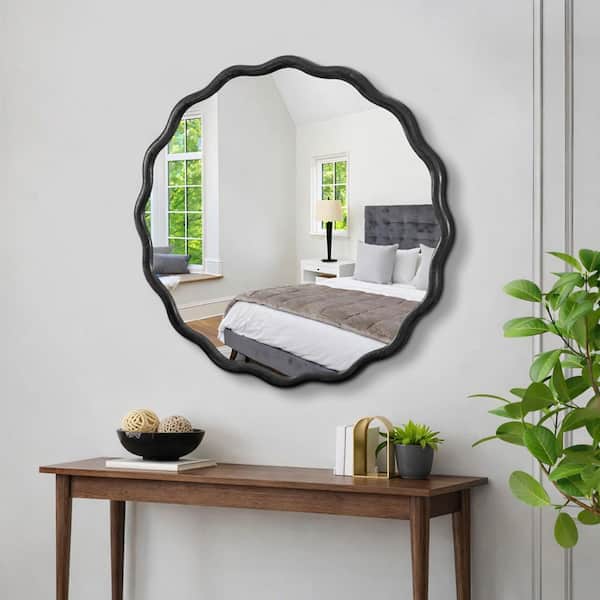 36 in. W x 36 in. H Round Framed Floating Wall Bathroom Vanity Mirror in Black Finshed Solid Wood