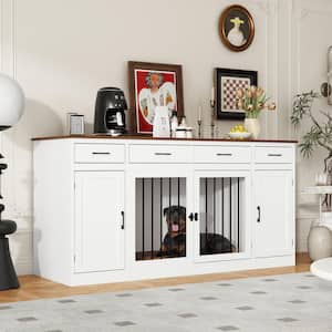 Large Doghouse Furniture Dog Cage Storage Cabinet, Wooden Dog Crate with 4-Drawers and 2 Cabinet for M, S Dogs, White