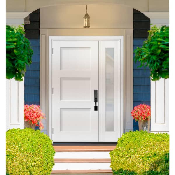 Legacy 53 in. x 80 in. 3P Equal Shaker RHOS Unfinished White Fiberglass Prehung Front Door w/Clear 14 in. SL 6-9/16 Jamb