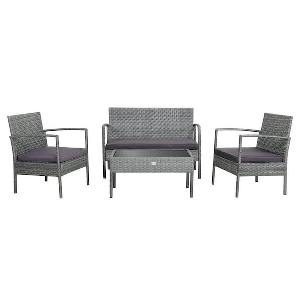 WELLFOR 4-Piece Metal Patio Conversation Set with Gray Cushions