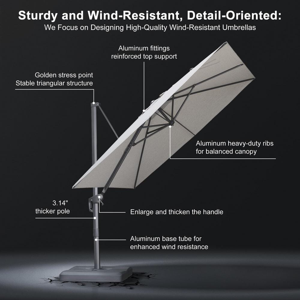 Light Gray Aluminum Cantilever Patio Umbrella with Stand, 9' x 11.5'