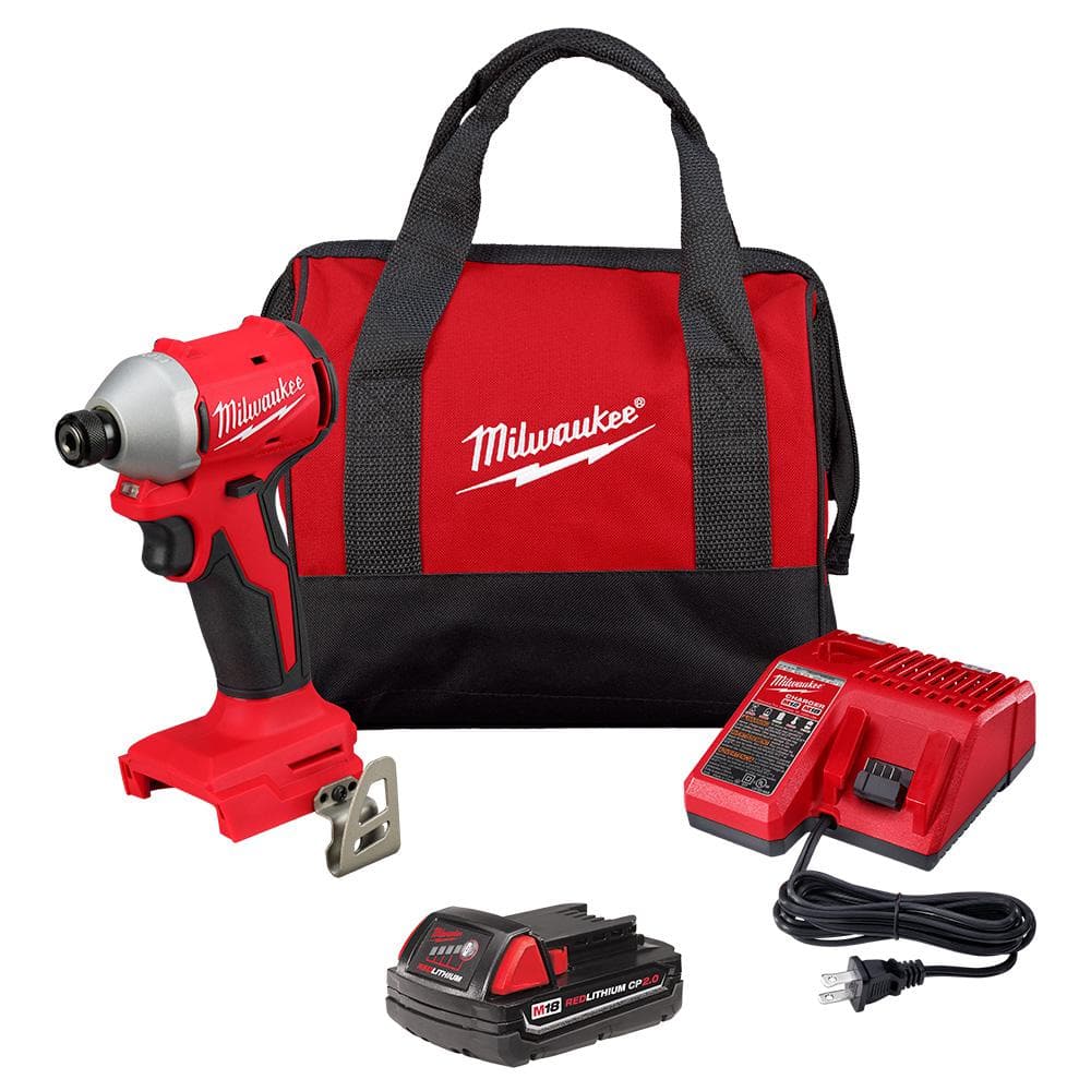 Milwaukee M18 18-Volt Lithium-Ion Compact Brushless Cordless 1/4 in. Impact Driver Kit with One 2.0 Ah Battery, Charger & Tool Bag -  3650-21P