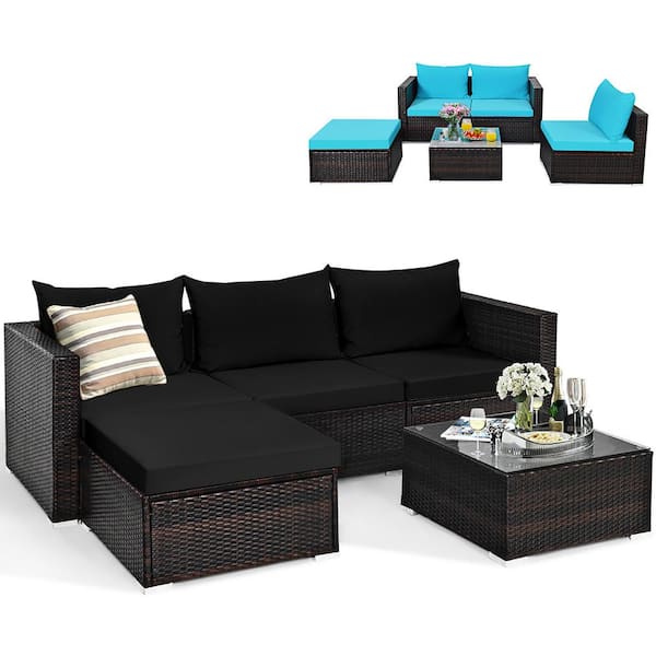 Costway 5-Piece Wicker Patio Conversation Set Cushioned Sofa Ottoman with Black & Turquoise Cover