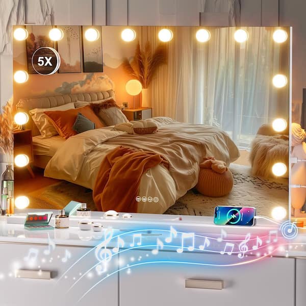 Hasipu White 24 in. W x 35 in. H Rectangle Framed Vanity Mirror with Lights and Bluetooth Speaker, LED Makeup Mirror
