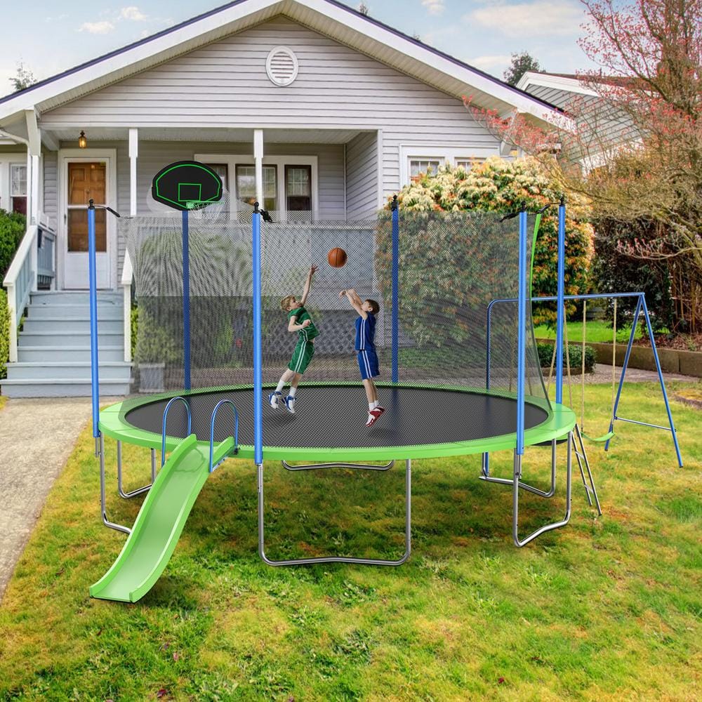 14FT Green Trampoline with Slide, Swings, and Basketball Hoop