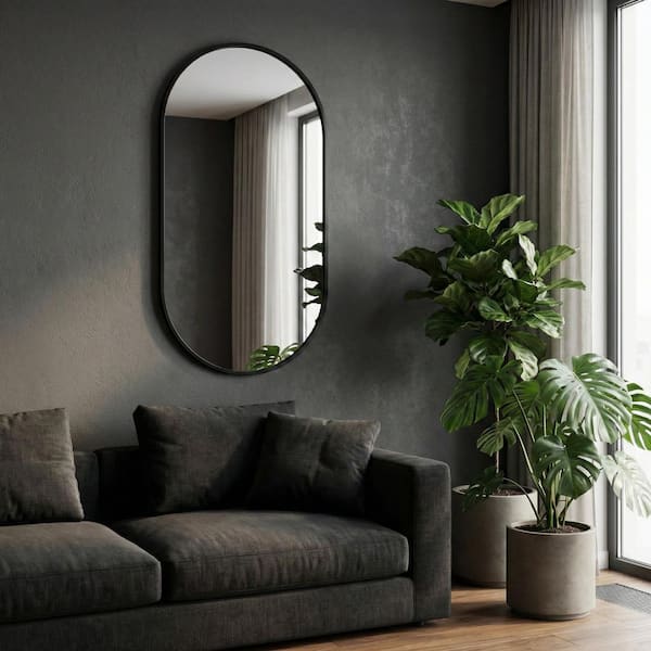 Black 20 in. x 40 in. Modern Capsule Oval Metal Framed Mirror