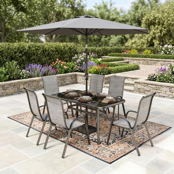 8 seat patio set with umbrella Outdoor Dining Table for 8, 83" Aluminum Table it includes a spacious dining table with an integrated parasol hole 8-Piece Rectangle Wood & Aluminum