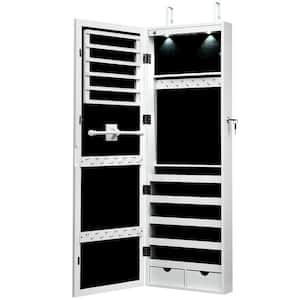 White Lockable Wall Door Mount Mirrored Cabinet Jewelry Organizer with LED Lights
