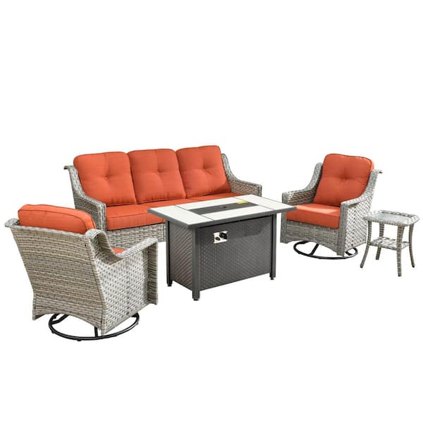 Verona 5-Piece Wicker Outdoor Patio Conversation Sofa Furniture Set with a Metal Fire Pit and Orange Red Cushions