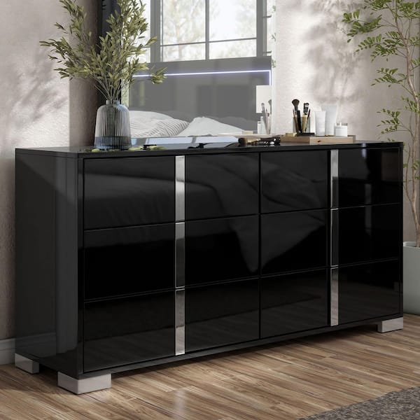 Furniture of America Mesala Piano Black 6-Drawer 61 in. Dresser with Chrome Accents and Legs, Vertical Chrome Handles