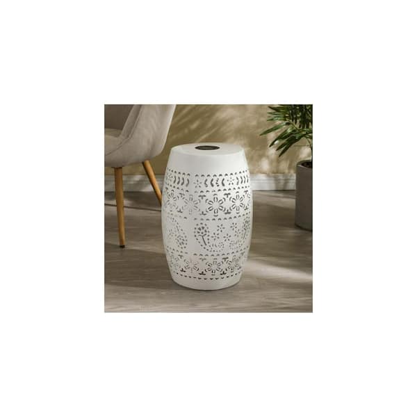 9.5 in. D x 18.25 in. H Round Metal Outdoor Patio Side Table Hollow Side Table w/ Built-in Solar Powered Light in White