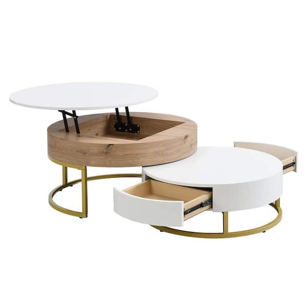Modern Nesting 31.5 in. W Antique White and Natural Round Lift-Top MDF Coffee Table with Drawers