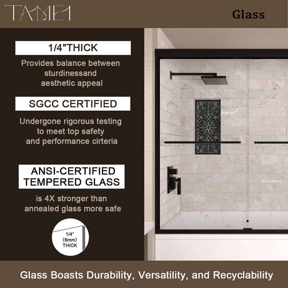 Matte Black Semi Frameless Sliding Tub Door with Clear Glass