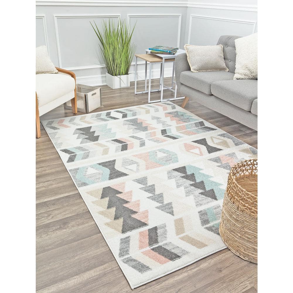 Mint Lime Gray Geometric Patterned Synthetic Area Rug