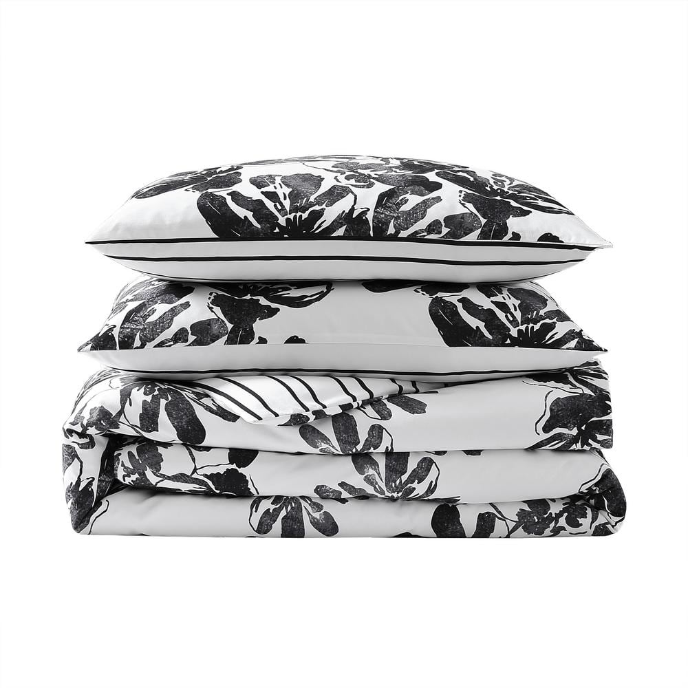 Black and White Floral Microfiber Full/Queen Duvet Cover Set