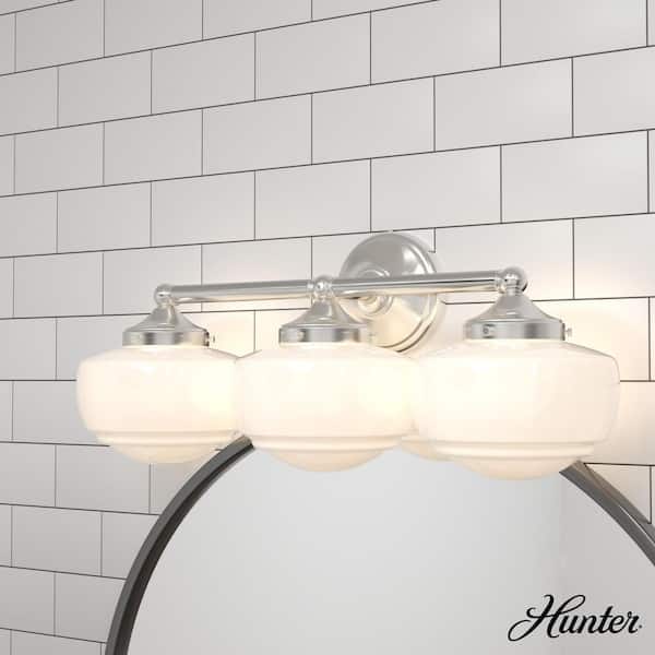 Hunter Saddle Creek 23.5 in. 3-Light Brushed Nickel Vanity Light with Cased White Glass Shades