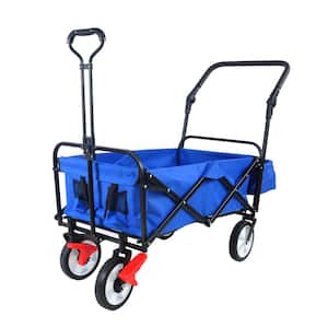 3 cu. ft. Blue Fabric Outdoor Utility Folding Wagon Garden Cart Portable Hand Cart with Drink Holder, Adjustable Handles